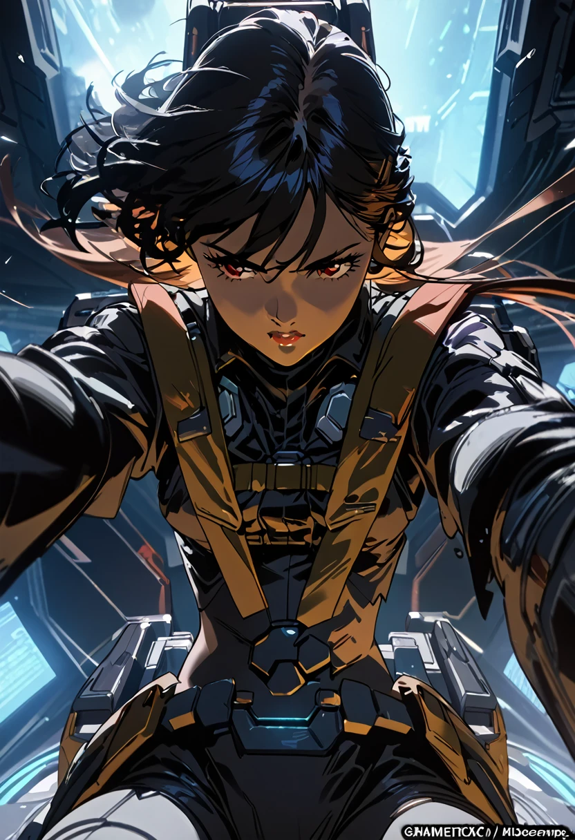 a beautiful detailed eyes, beautiful detailed lips, extremely detailed eyes and face, long eyelashes, black skin woman, mecha pilot, black short hair,black pilot suit,cockpit,super soldier red eyes, hair lisse, piloting, (best quality,4k,8k,highres,masterpiece:1.2), concept art, cinematic lighting, dynamic pose, dramatic colors, intricate detail, futuristic, sci-fi