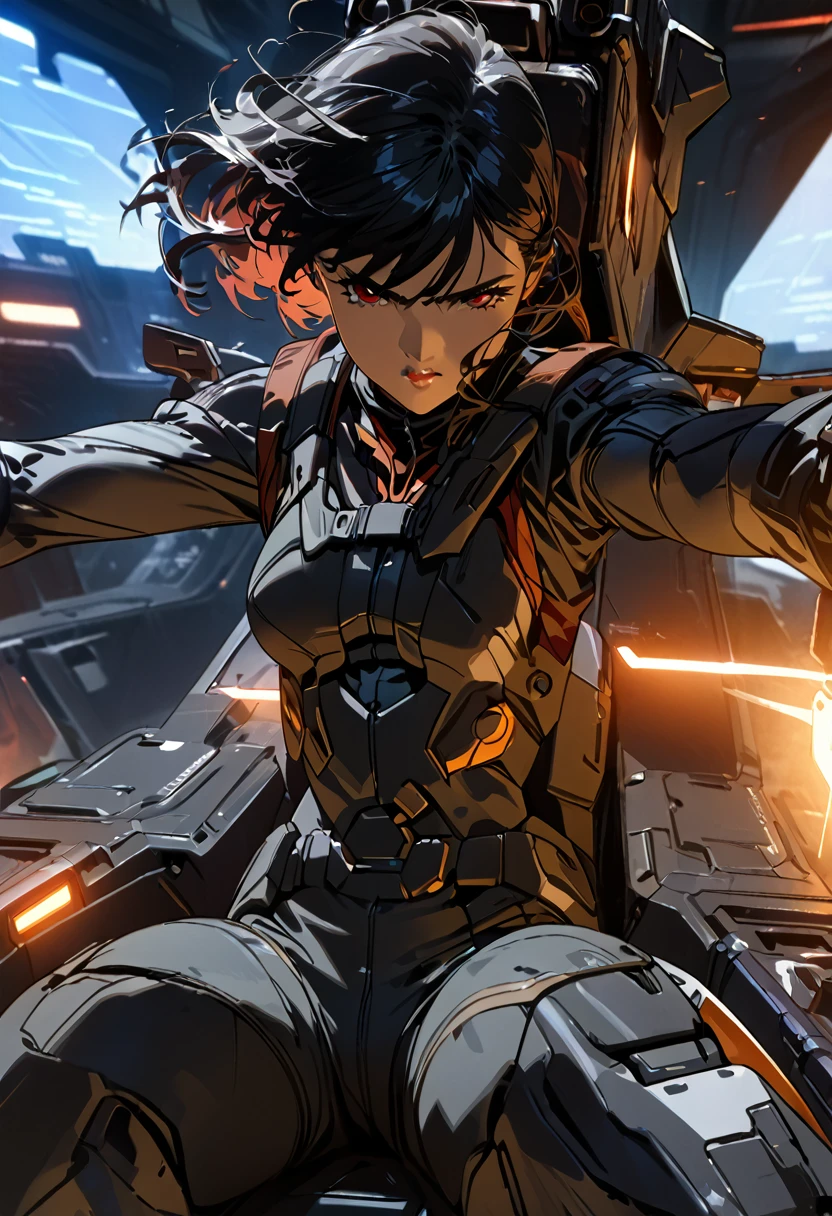 a beautiful detailed eyes, beautiful detailed lips, extremely detailed eyes and face, long eyelashes, black skin woman, mecha pilot, black short hair,black pilot suit,cockpit,super soldier red eyes, hair lisse, piloting, (best quality,4k,8k,highres,masterpiece:1.2), concept art, cinematic lighting, dynamic pose, dramatic colors, intricate detail, futuristic, sci-fi