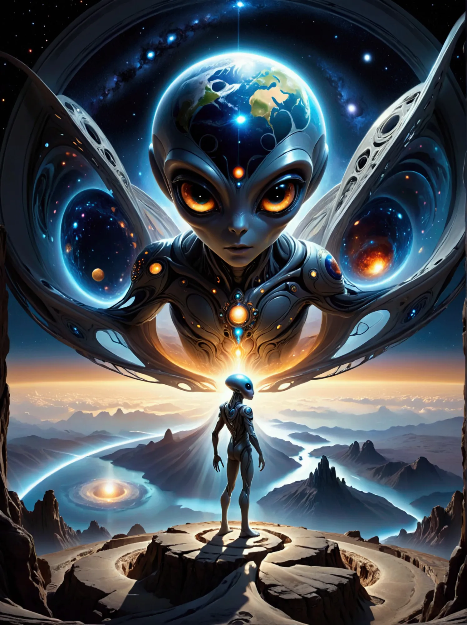 an extraterrestrial being from a distant galaxy, displaying impressive supernatural abilities, is silently observing human activ...