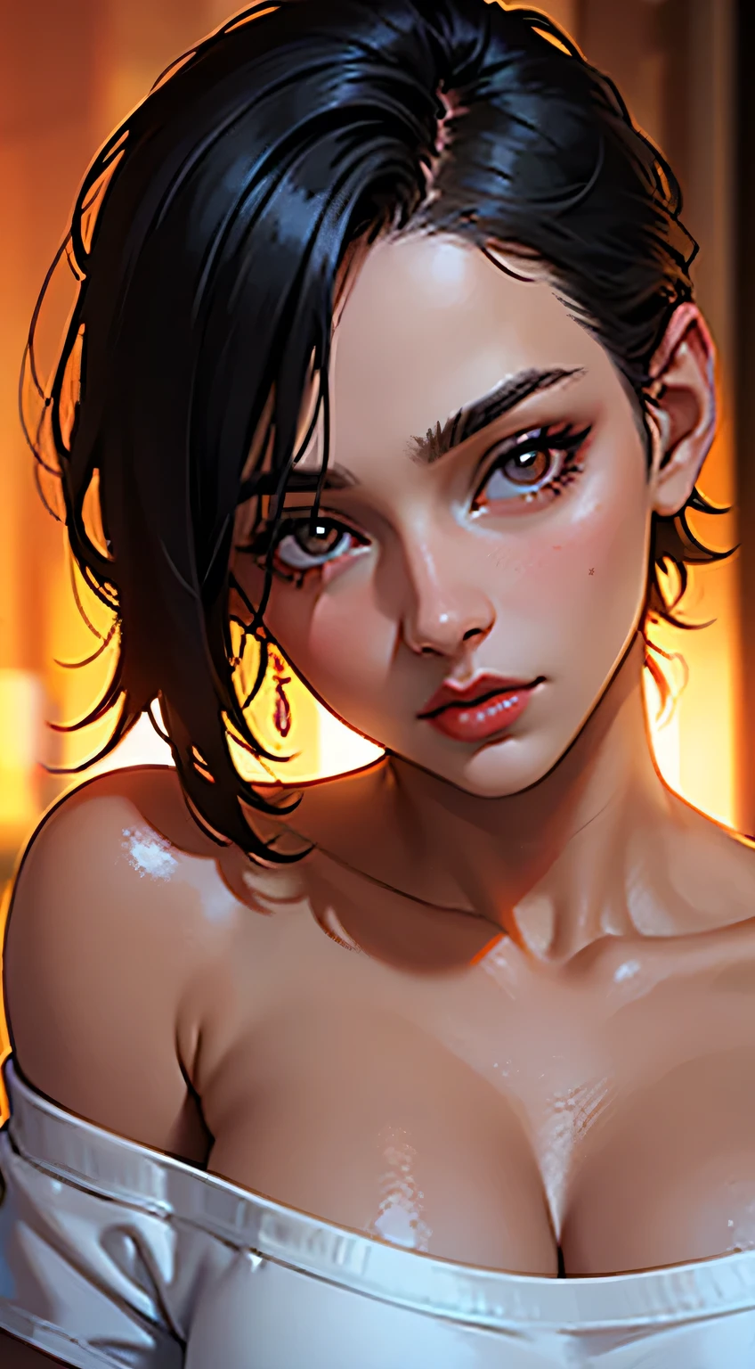 Amazing portrait of a woman who is 30 years old and an adult and a sexy woman with short black hair wearing an oversized off shoulder orange t shirt during night time with soft lighting showcasing her red lips and her beautiful face in detail and close up 