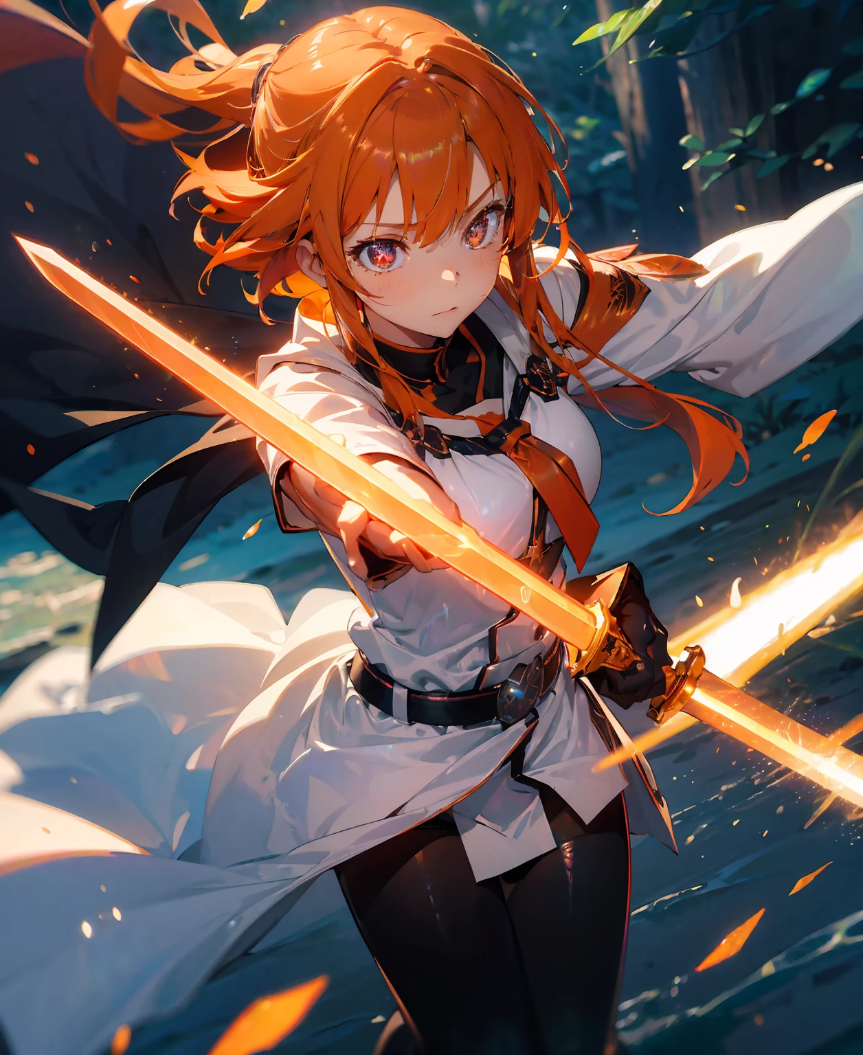 asunayuuki, Orange Hair， With two shining swords, White combat uniform, Sword Art Onlineの翻案, A red stroke simulating the character&#39;s speed, BATTLE MODE, (Surreal), {Highly detailed CG unit wallpaper 8k}, Vast landscape photography, (A central vision that prioritizes the whole character, (Viewer-facing view), (Low angle shot), (stand out: 1.5), (Low light: 1.0), (Warm light source: 1.0), Intricate details, (Iridescent colors: 1.5), (Bright lighting), (Atmospheric lighting), Sword Art Online, dream-like, anime