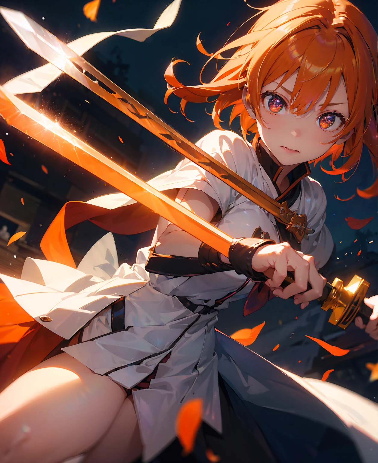 asunayuuki, Orange Hair， With two shining swords, White combat uniform, Sword Art Onlineの翻案, A red stroke simulating the character&#39;s speed, BATTLE MODE, (Surreal), {Highly detailed CG unit wallpaper 8k}, Vast landscape photography, (A central vision that prioritizes the whole character, (Viewer-facing view), (Low angle shot), (stand out: 1.5), (Low light: 1.0), (Warm light source: 1.0), Intricate details, (Iridescent colors: 1.5), (Bright lighting), (Atmospheric lighting), Sword Art Online, dream-like, anime