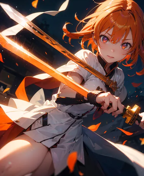 asunayuuki, orange hair， with two shining swords, white combat uniform, sword art onlineの翻案, a red stroke simulating the charact...