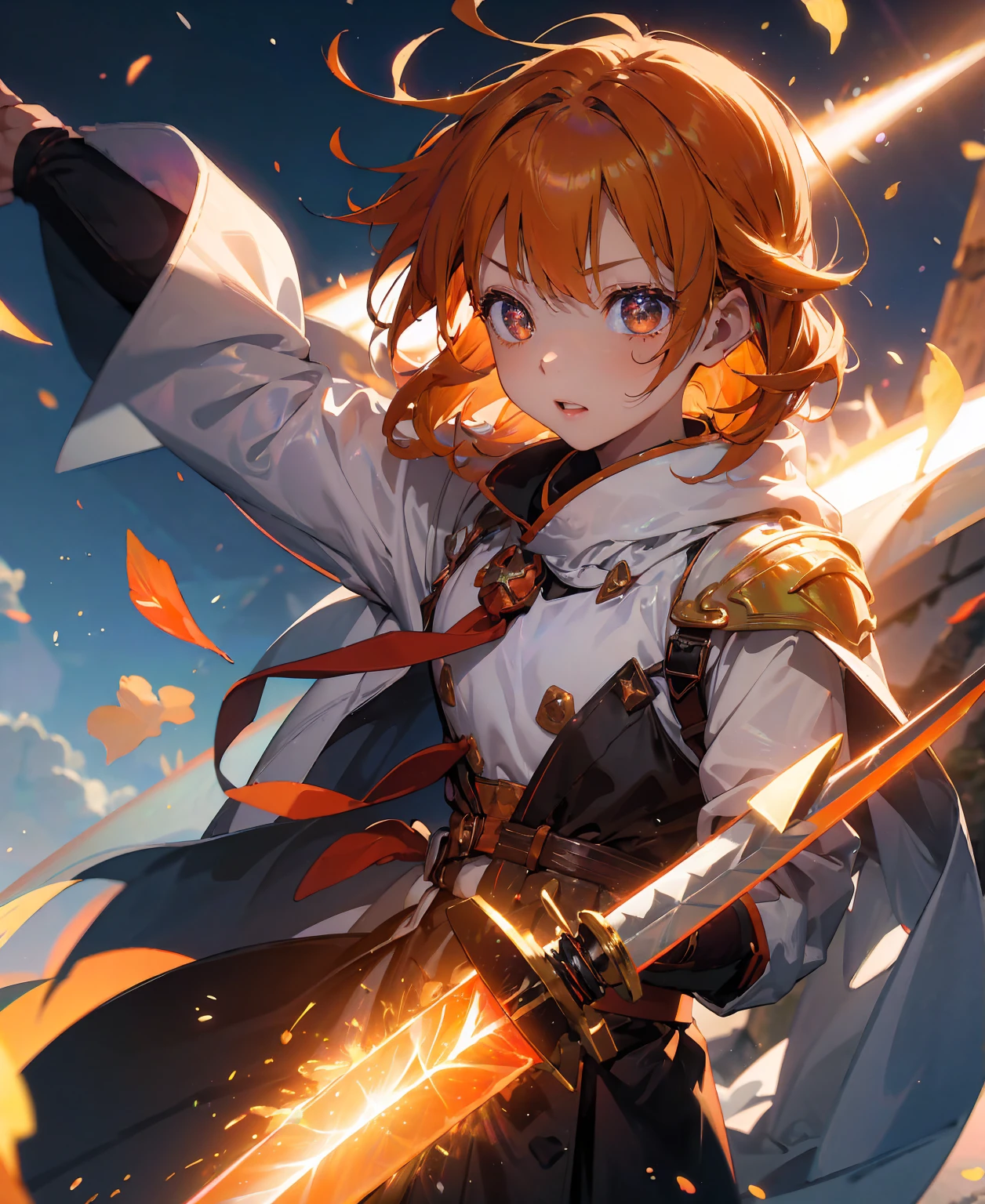 asunayuuki, Orange Hair， With two shining swords, White combat uniform, Sword Art Onlineの翻案, A red stroke simulating the character&#39;s speed, BATTLE MODE, (Surreal), {Highly detailed CG unit wallpaper 8k}, Vast landscape photography, (A central vision that prioritizes the whole character, (Viewer-facing view), (Low angle shot), (stand out: 1.5), (Low light: 1.0), (Warm light source: 1.0), Intricate details, (Iridescent colors: 1.5), (Bright lighting), (Atmospheric lighting), Sword Art Online, dream-like, anime