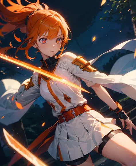 asunayuuki, orange hair， with two shining swords, white combat uniform, sword art onlineの翻案, a red stroke simulating the charact...