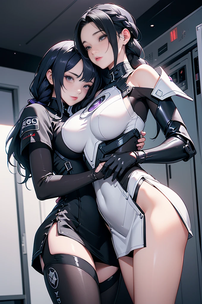 ((Masterpiece, top quality, high resolution)), ((highly detailed CG unified 8K wallpaper)), (huge stunning goddess shot, very hot and sexy, jaw-dropping beauty, perfect proportions, beautiful body, slim body beauty:1.1), cryptic girl, (2 Girls ,Black clothes, White clothes, Black short Hair, purple long hair, fight side by side), (A girl with long purple hair in a braid and short black hair), biomechanical oppai, cybersuits, wearing shiny breastplate, shiny plastic armor, oppai cyberpunk, twintails white_gloves, shiny hi tech armor, black-white skintight suits, wearing techwear and armor, black shiny armor, Armor on bare skin, long gloves, Bare shoulders, black miniskirt, thighs, shiny armor, dynamic pose. two girls hugging in locker room,