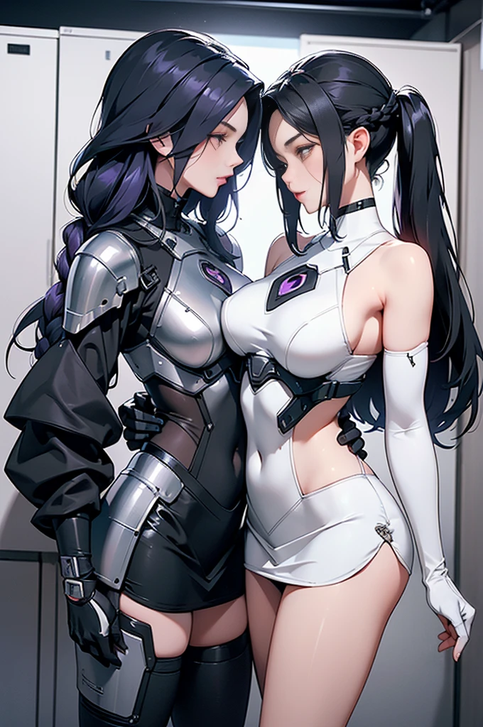 ((Masterpiece, top quality, high resolution)), ((highly detailed CG unified 8K wallpaper)), (huge stunning goddess shot, very hot and sexy, jaw-dropping beauty, perfect proportions, beautiful body, slim body beauty:1.1), cryptic girl, (2 Girls ,Black clothes, White clothes, Black short Hair, purple long hair, fight side by side), (A girl with long purple hair in a braid and short black hair), biomechanical oppai, cybersuits, wearing shiny breastplate, shiny plastic armor, oppai cyberpunk, twintails white_gloves, shiny hi tech armor, black-white skintight suits, wearing techwear and armor, black shiny armor, Armor on bare skin, long gloves, Bare shoulders, black miniskirt, thighs, shiny armor, dynamic pose. two girls hugging in locker room,