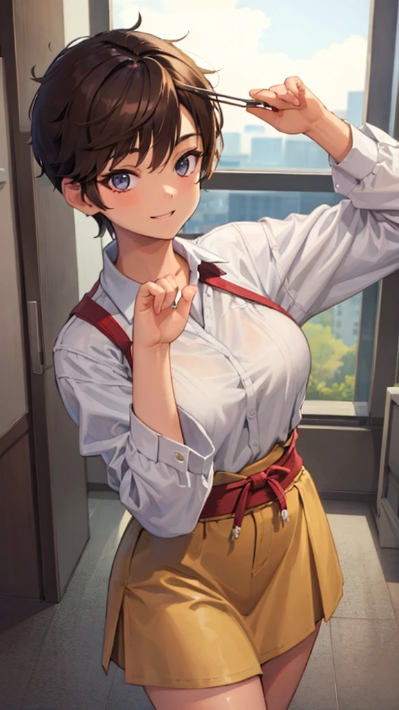 A girl with pixie haircut with light brown colored hair. Have a brown colored eyes. Have E cup bust. Make her look like a tomboy, smiling, wearing Japanese boy uniform.