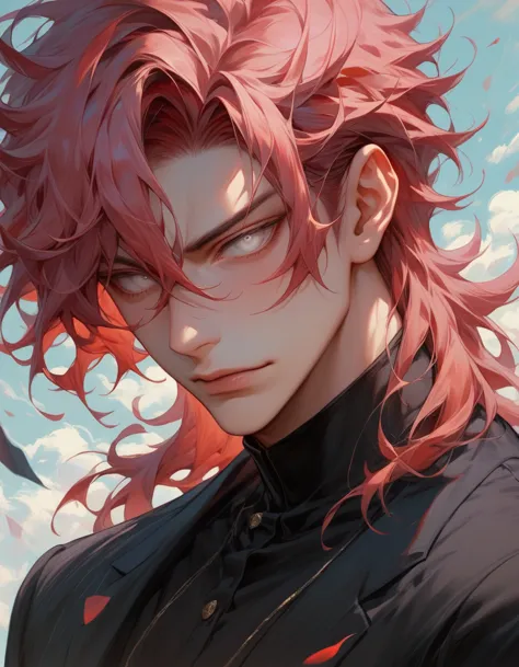 man with pink and red hair and black clothes, handsome face, white eyes, highly detailed young anime, 4k walpaper manga, anime b...