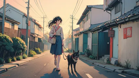 masterpiece, highest quality, a girl walking her dog in a quiet suburban tokyo neighborhood at sunset, enjoying the calm atmosph...