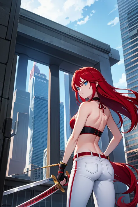 long red hair, bikini, white flared pants, fingerless gloves, bell-bottoms, blue eyes, sword, city