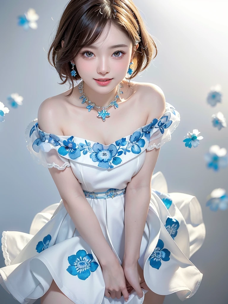 8k,Confused, High resolution, Very detailed, 1 girl, alone, Very beautiful eyes, Ultra-precise depiction, artistic、Very detailed depiction, (Tangled:1.2), , (White high key background:1.5), (((White dress with blue floral pattern 1.5))), 、 short hair、Loose wavy hair、Earrings and Necklaces、Brown Hair, (Glowing Skin), Many colors, , (Shooting from above:1.2),、Flat Body、slim、cute、、Round face、Cast a Shadow、、Smile 1.3、1 that emits a shining aura.4、Lively poses、Off the shoulder、(((The skirt is short)))