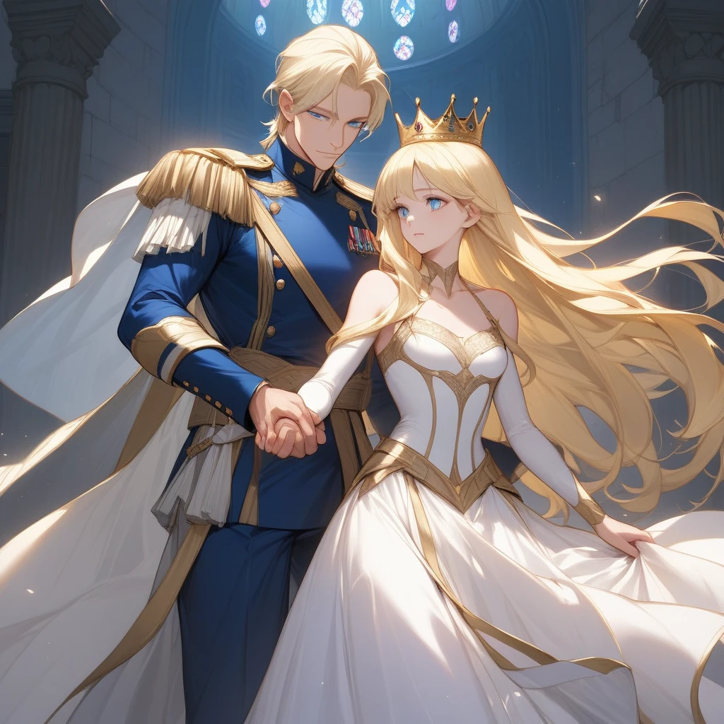 A tall, handsome, statuesque, courageous adult man is a platinum blonde with blue eyes, dressed in an ancient military uniform, he has long straight platinum hair, long bangs, he holds the hand of an incredibly beautiful young fatal blonde woman with blue eyes, long golden hair, she is dressed in a princess dress, she has jewelry, the crown. They're in love.