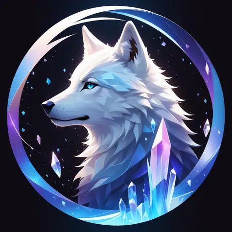 simple, cool, symbol logo, facial profile, 8k, a wolf, crystals floating in a circle