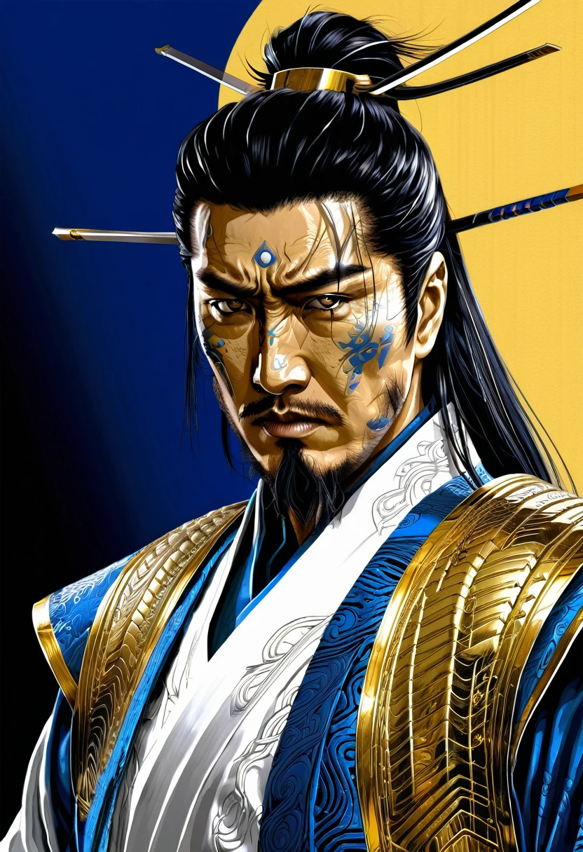 The Warlord, cyberpunk samurai warrior,The War, Scary Garry, Yellow and White Both colors, high contrast, headshot, insanely detailed and intricate, elegant, blue and gold, highly detailed, digital painting, artstation, concept art, sharp focus, illustration