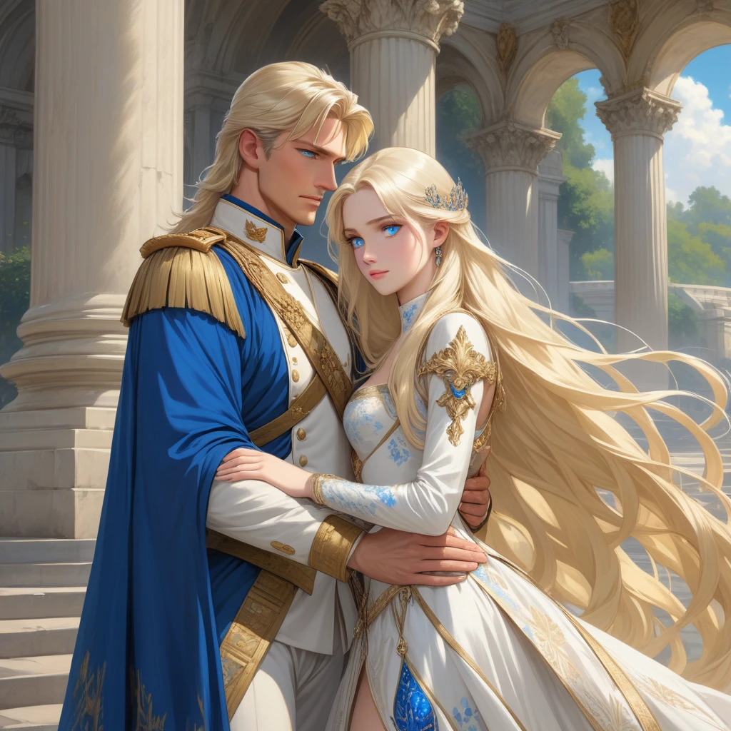 A tall, handsome, statuesque, courageous adult man is a platinum blonde with blue eyes, dressed in an ancient military uniform, he has long straight platinum hair, long bangs, he holds the hand of an incredibly beautiful young fatal blonde woman with blue eyes, long golden hair, she is dressed in a princess dress, she has jewelry, the crown. They're in love.