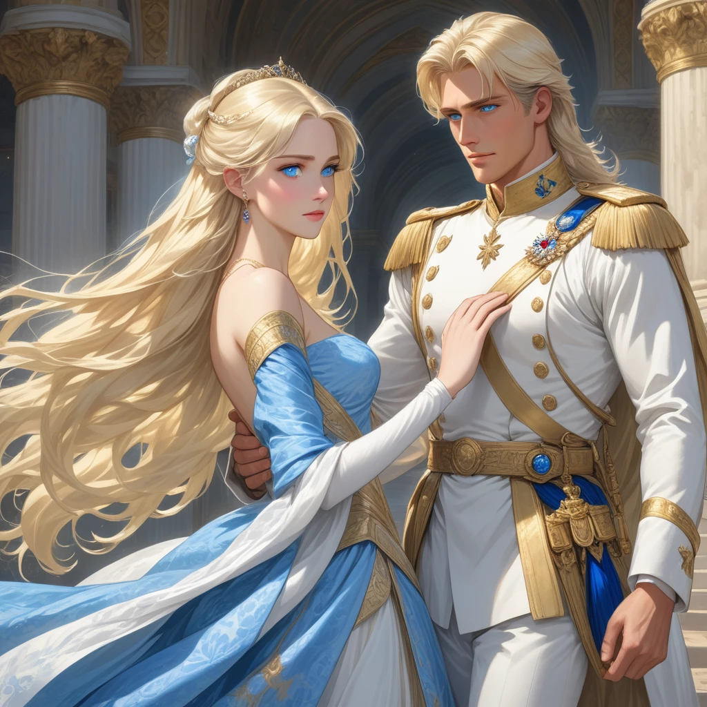 A tall, handsome, statuesque, courageous adult man is a platinum blonde with blue eyes, dressed in an ancient military uniform, he has long straight platinum hair, long bangs, he holds the hand of an incredibly beautiful young fatal blonde woman with blue eyes, long golden hair, she is dressed in a princess dress, she has jewelry, the crown. They're in love.