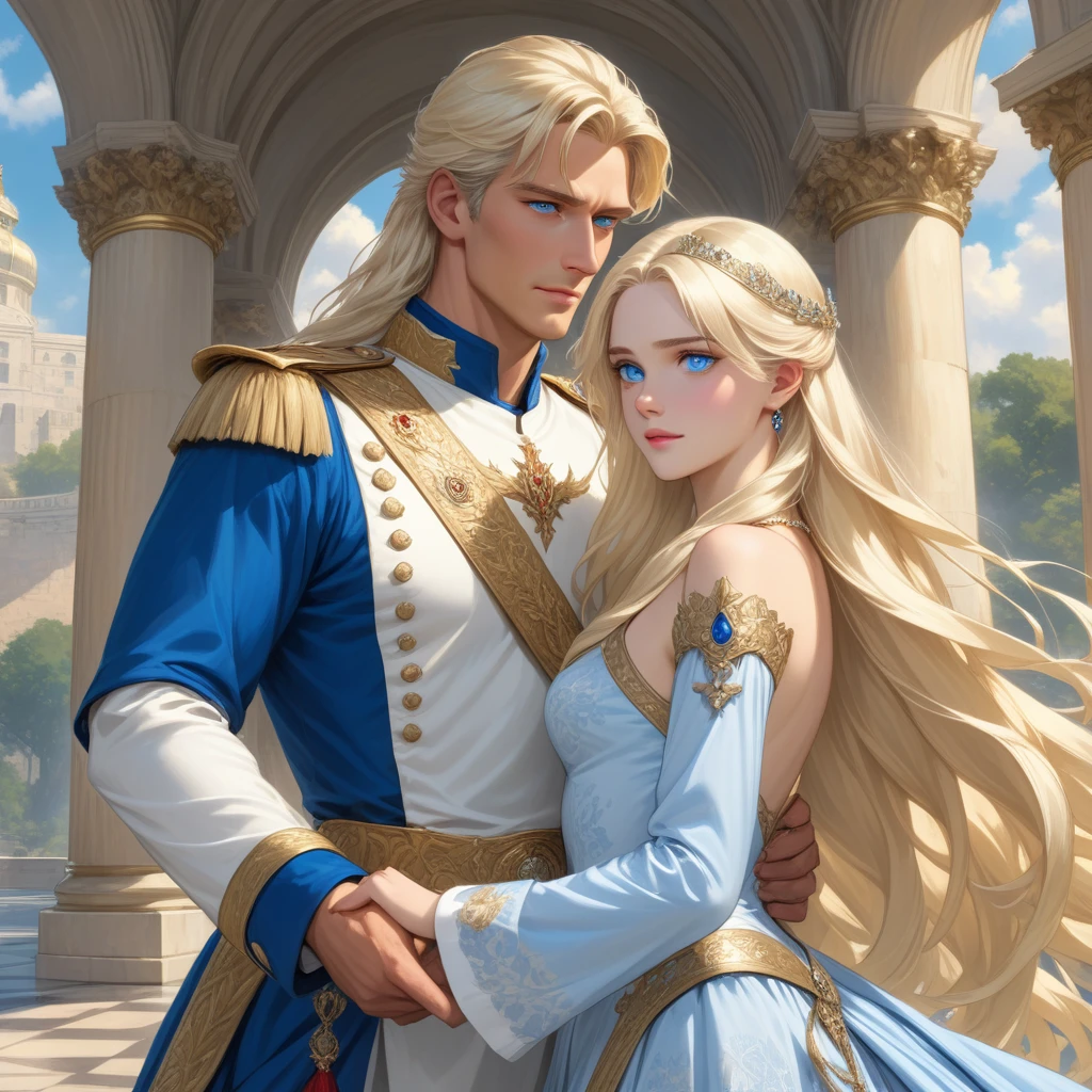 A tall, handsome, statuesque, courageous adult man is a platinum blonde with blue eyes, dressed in an ancient military uniform, he has long straight platinum hair, long bangs, he holds the hand of an incredibly beautiful young fatal blonde woman with blue eyes, long golden hair, she is dressed in a princess dress, she has jewelry, the crown. They're in love.