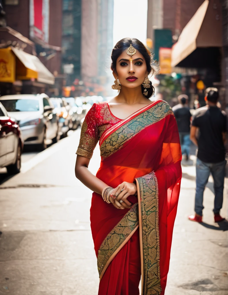 Mujer india con un sari de boda de seda tejida con zari rojo y blusa, Calle de la ciudad de Nueva York