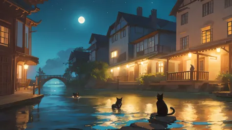 dim moonlight and river and cat