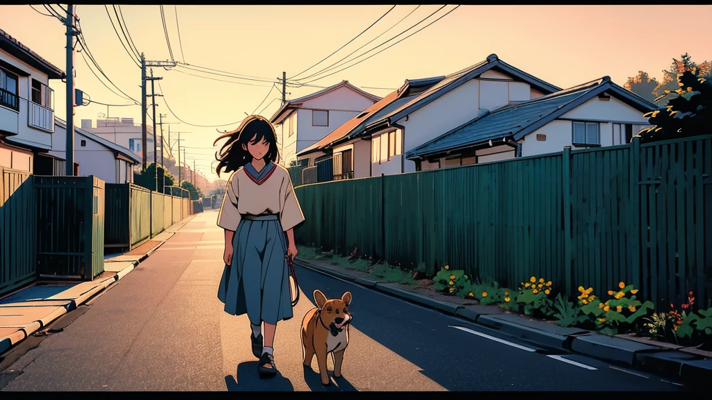 masterpiece, Highest quality, A girl walking her dog in a quiet suburban Tokyo neighborhood at sunset, enjoying the calm atmosphere.