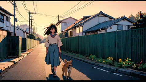 masterpiece, highest quality, a girl walking her dog in a quiet suburban tokyo neighborhood at sunset, enjoying the calm atmosph...