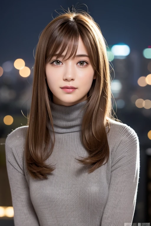 one 19 year old girl, (Dark gray turtleneck thin sweater), Raw photo, highest quality, photorealistic, very delicate and beautiful, very detailed, 8K wallpaper, High resolution, soft light, very detailed目と顔, beautifully detailed nose, detailed and beautiful eyes, cinematic lighting, night city lights, perfect anatomy, slender body, well-shaped chest, straight hair, smile, asymmetrical bangs, light brown hair