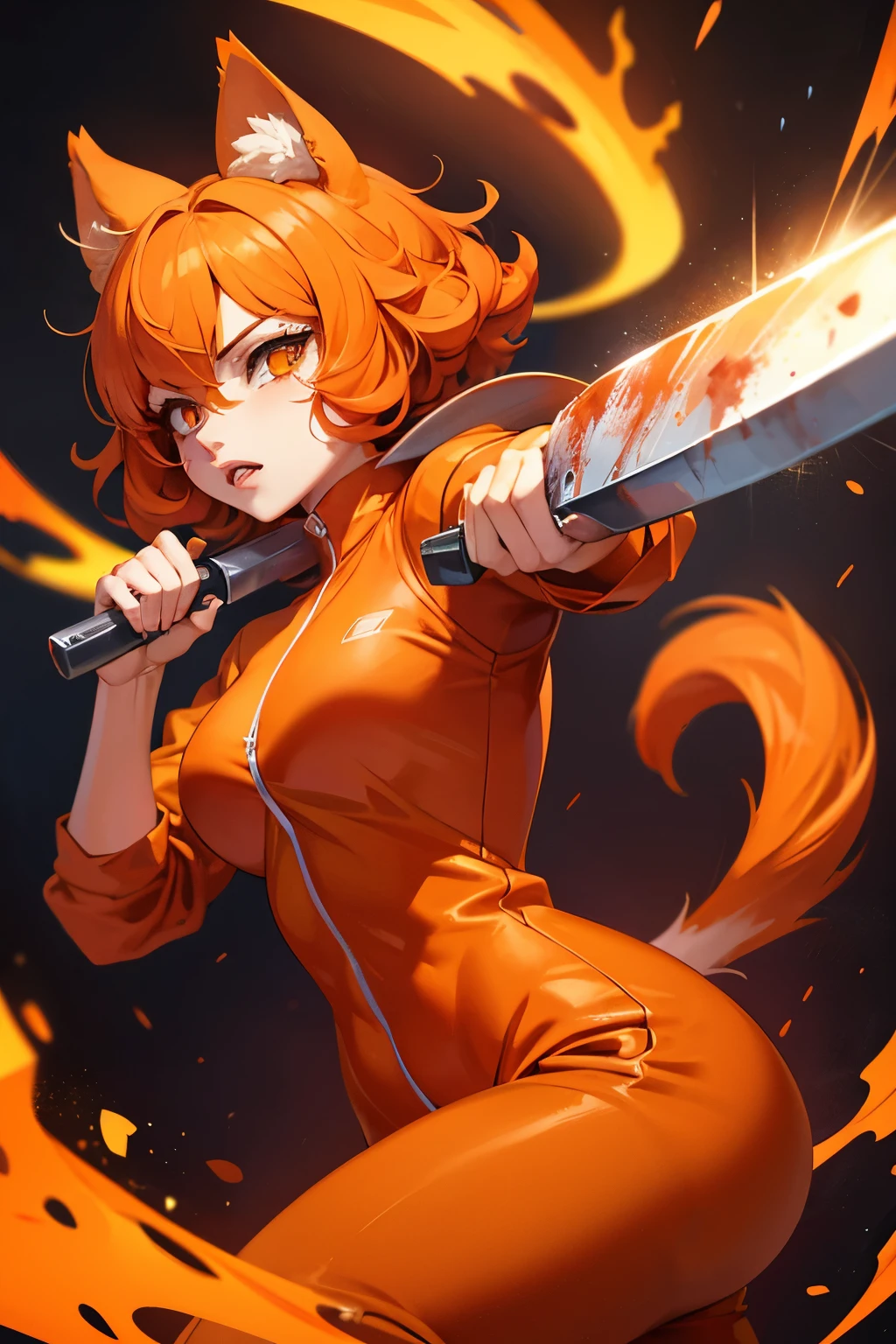 Orange-eyed girl, short orange hair ending in soft curls, orange catgirl ears and tail, (full lips: 1.2), orange tracksuit splattered with blood, (wielding a bloody knife by the handle: 1.3)