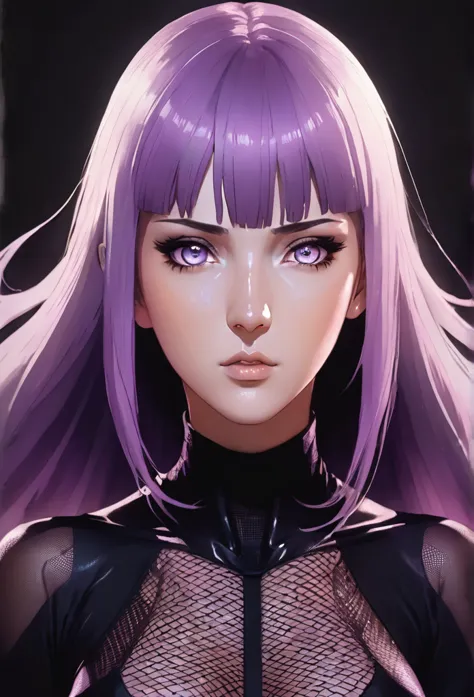 a woman (hyuuga hinata) with roxo hair and luminous eyes(empty eyes)  looks at the camera, full-body , 
fishnets,black bodysuit,...