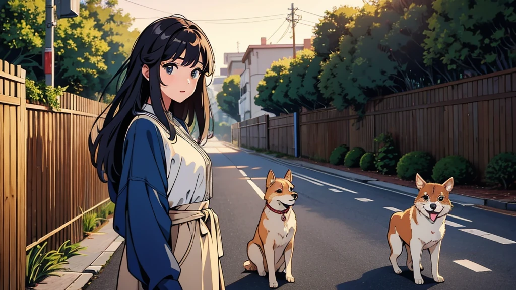 masterpiece, Highest quality, A girl walking her dog in a quiet suburban Tokyo neighborhood at sunset, enjoying the calm atmosphere,beautiful eyes