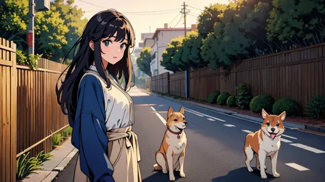 masterpiece, highest quality, a girl walking her dog in a quiet suburban tokyo neighborhood at sunset, enjoying the calm atmosph...