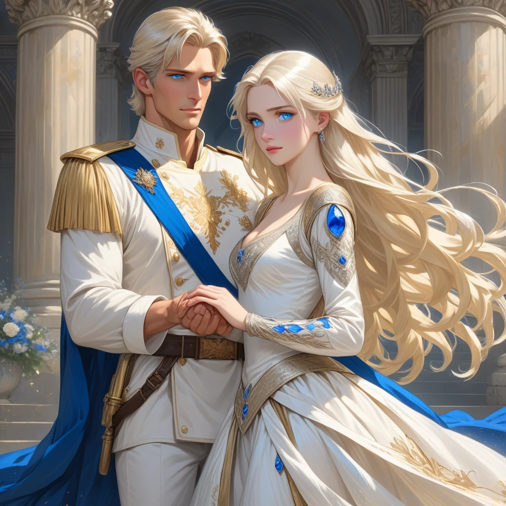 A tall, handsome, statuesque, courageous adult man is a platinum blonde with blue eyes, dressed in an ancient military uniform, he has long straight silver platinum hair, long bangs, he holds the hand of an incredibly beautiful young fatal blonde woman with blue eyes, long golden hair, she is dressed in a princess dress, she has jewelry, the crown. They're in love.