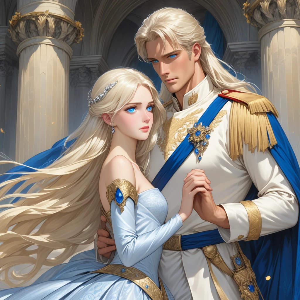 A tall, handsome, statuesque, courageous adult man is a platinum blonde with blue eyes, dressed in an ancient military uniform, he has long straight silver platinum hair, long bangs, he holds the hand of an incredibly beautiful young fatal blonde woman with blue eyes, long golden hair, she is dressed in a princess dress, she has jewelry, the crown. They're in love.