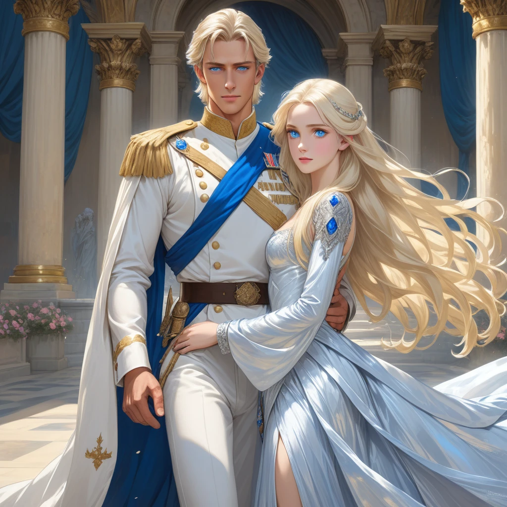 A tall, handsome, statuesque, courageous adult man is a platinum blonde with blue eyes, dressed in an ancient military uniform, he has long straight silver platinum hair, long bangs, he holds the hand of an incredibly beautiful young fatal blonde woman with blue eyes, long golden hair, she is dressed in a princess dress, she has jewelry, the crown. They're in love.