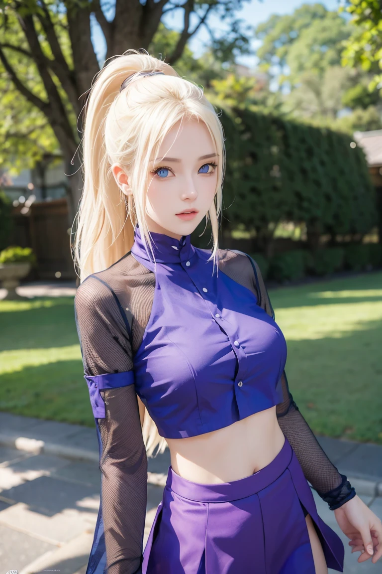 (masterpiece), best quality, expressive eyes, perfect face, 1 girl, solo, yamanaka ino, blonde hair, blue eyes, purple crop top, separate sleeves, purple skirt, mesh sleeves, meshes, outdoors, natural lighting, portrait, looking at viewer