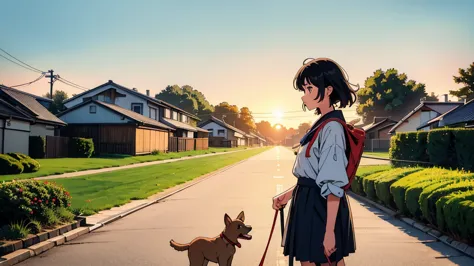 masterpiece, highest quality, a girl walking her dog in a quiet neighborhood on the outskirts of tokyo at sunset, enjoying the p...