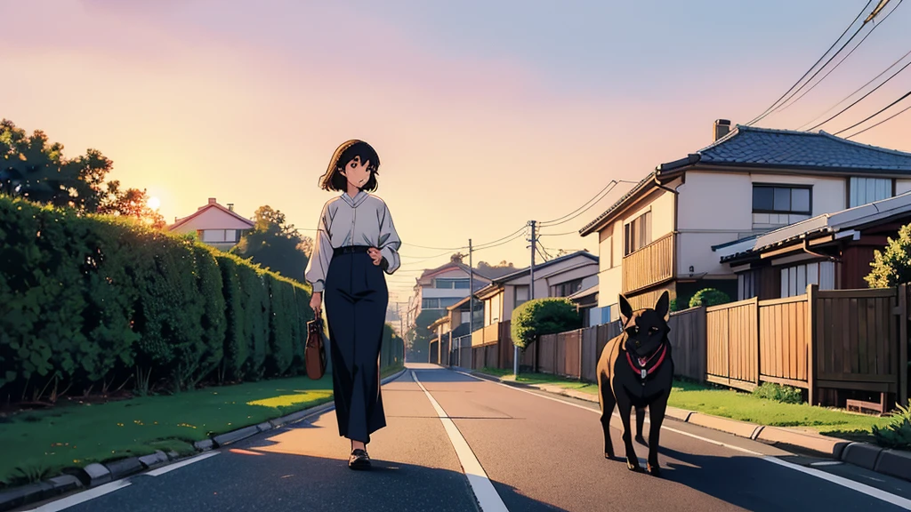 masterpiece, Highest quality, A girl walking her dog in a quiet suburban Tokyo neighborhood at sunset, enjoying the calm atmosphere,beautiful eyes