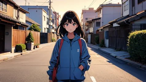 masterpiece, highest quality, a girl walking her dog in a quiet suburban tokyo neighborhood at sunset, enjoying the calm atmosph...