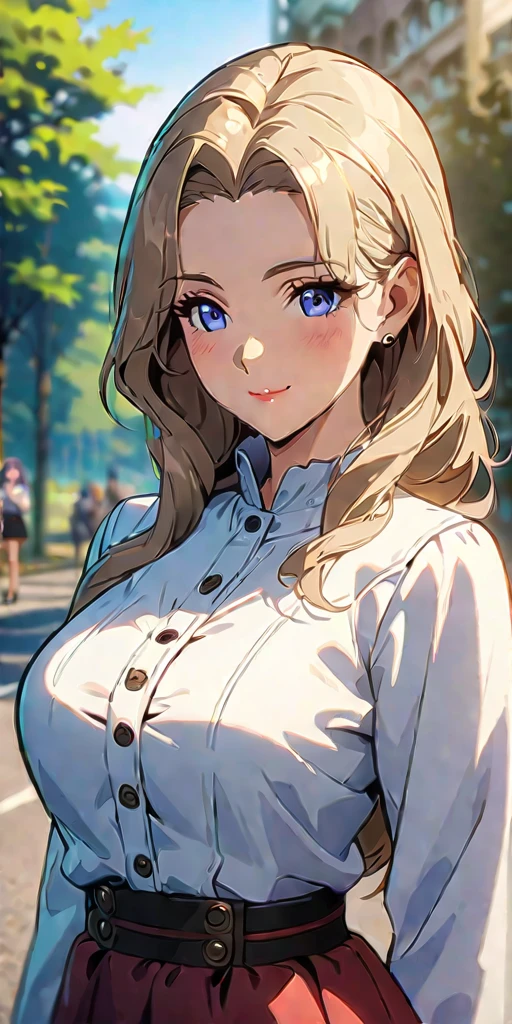 ((Highest quality、masterpiece、anime style、best quality、high resolution、8k、detailed、ultra-detailed:1.3))、Long legs:1.2, Beautiful woman with perfect figure:1.4、(Smiling:1.2), double eyelid、30-year-old female、((((One Woman,beautiful face,Beautiful face、Outdoor,upper body:1.5)))),Big Breasts、High resolution, accurate, Anatomically correct, High-resolution model, high quality, Very detailed, Ultra high definition