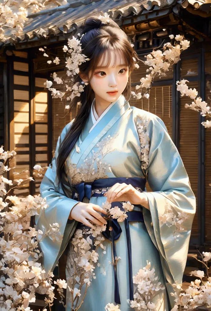 [core concepts] 다른 세계의 도시 environment에 있는, highly detailed 8k stock photo of a beautiful young woman wearing a korean hanbok, a ...