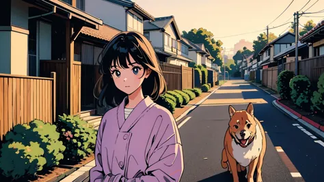 masterpiece, highest quality, a girl walking her dog in a quiet suburban tokyo neighborhood at sunset, enjoying the calm atmosph...