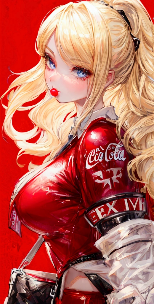 Beautiful girl modern fashion drinks coca cola, Cinematic,8k resolution, Soft lighting,Ultra-detailed skin and hair texture, eye,nose, Mouth has realistic details,Blonde