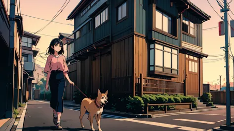 masterpiece, highest quality, a girl walking her dog in a quiet suburban tokyo neighborhood at sunset, enjoying the calm atmosph...