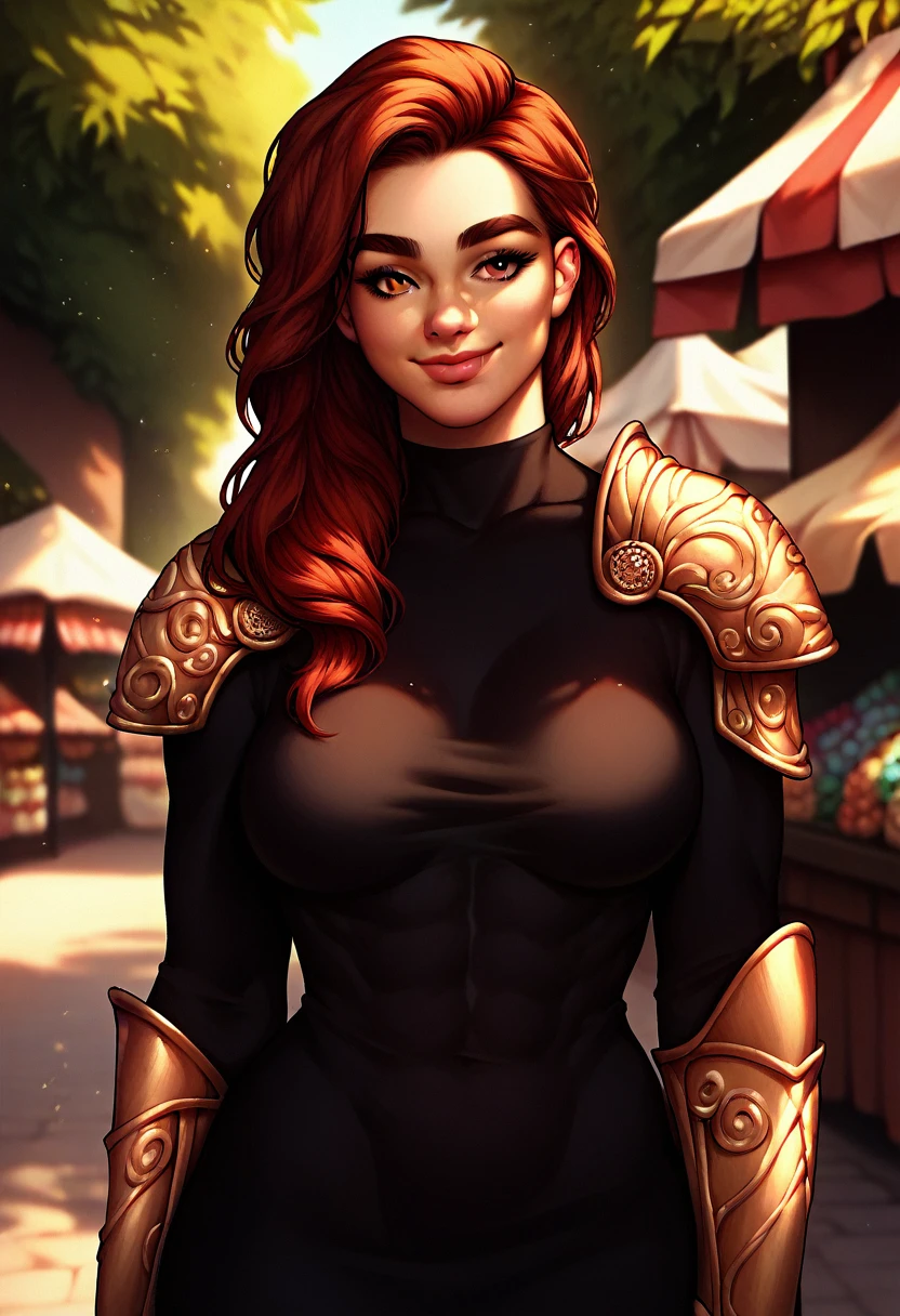 score_9, score_8_up, score_7_up, score_6_up, solo, auburn hair, (big lips:0.6), black shirt, shoulder armor, medium breasts, outdoors, marketplace, dark eyebrows, smile, closed mouth, detailed, confident, toned body, bodyguard, elegant, (close up:1.2), g0thicPXL, thick eyebrows