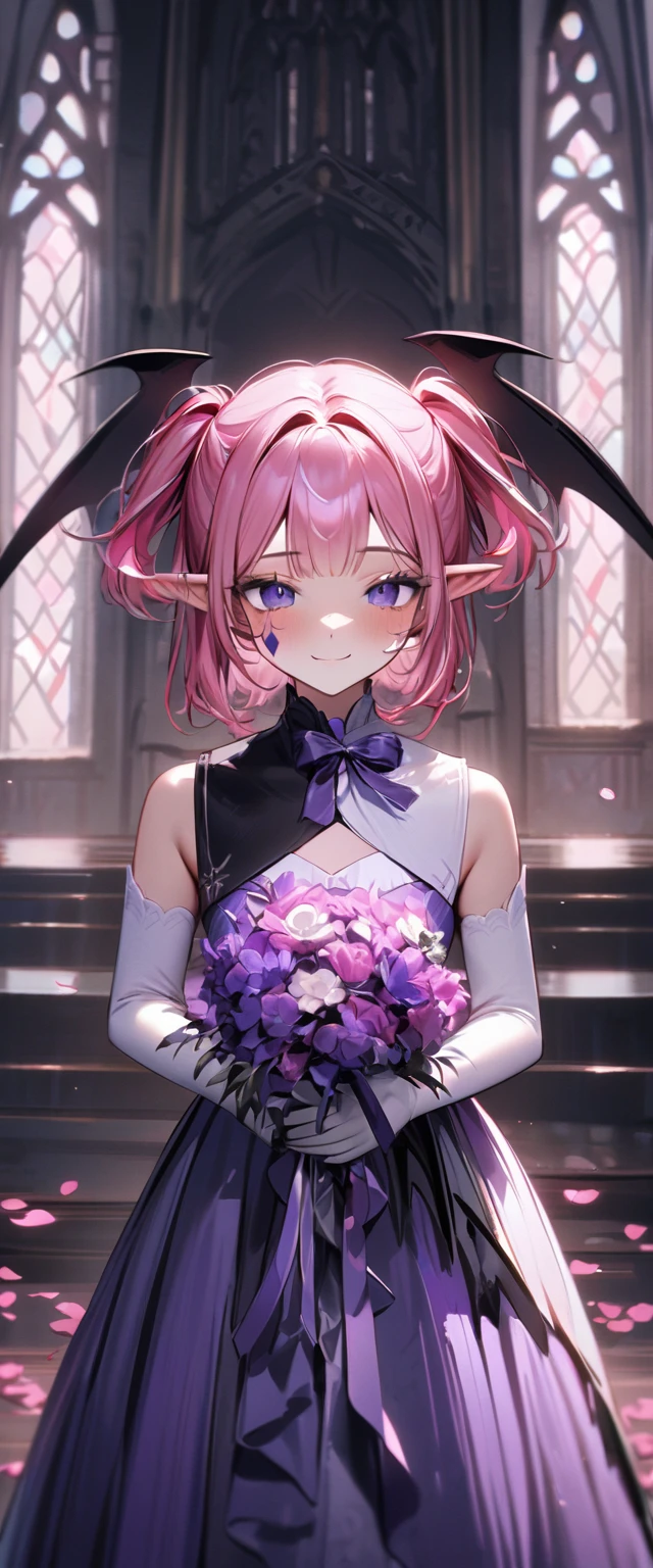 UHD, masterpiece, best quality, extremely detailed, anatomically correct, sharp focus, Midnight, gloomy atmosphere, Church, altar isle, 1girl, solo, camilavtuber, pink hair, short hair, shoulder length hair, fly-away hair, (Black head wings:1.5), (twin ponytail), PURPLE EYES, PURPLEIRIS, (facial mark), smiling, ballgown wedding dress, long gown, white arm sleeves, slim arms, white gloves, holding red bouquet of flowers, small chest, single devil wing, single wing, slim legs, white lace stockings, (white high heels), (full body) , (close-up), innocent pose, eye-level shot, front view, innocent pose, scattered pink petals