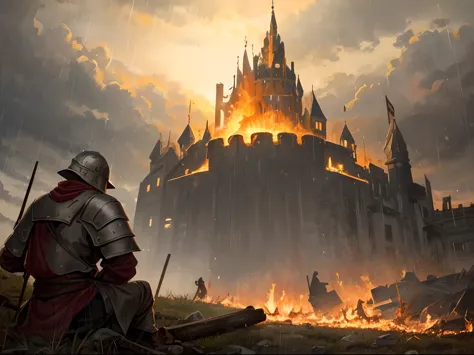 a medieval helmet fallen on a battlefield, in the background a burning castle, the castle is on a hill, it is raining (detailed)