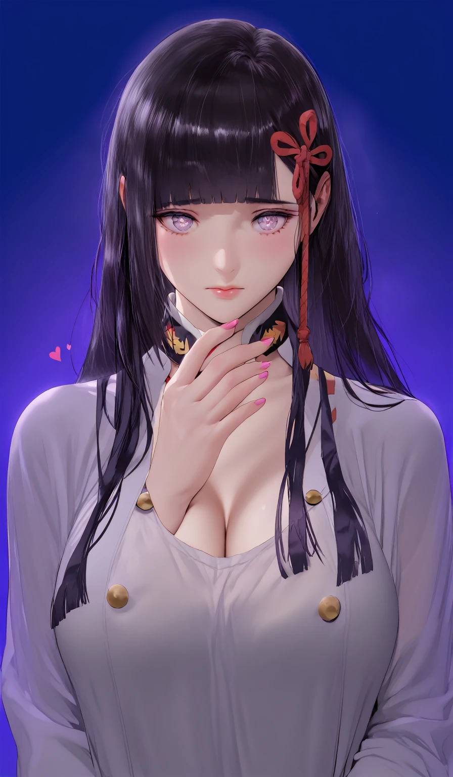 (hews art style:0.7), score_9, score_8_up, score_7_up, score_6_up, uncensored, YamashiroRen, long hair, black hair, blunt bangs, hair ornament, purple eyes, BREAK (masterpiece:1.2), best quality, high resolution, (beautiful detailed eyes:1.3), perfect lighting, (perfect hands, perfect anatomy), hearts, pleasured, huge breasts, Sad,