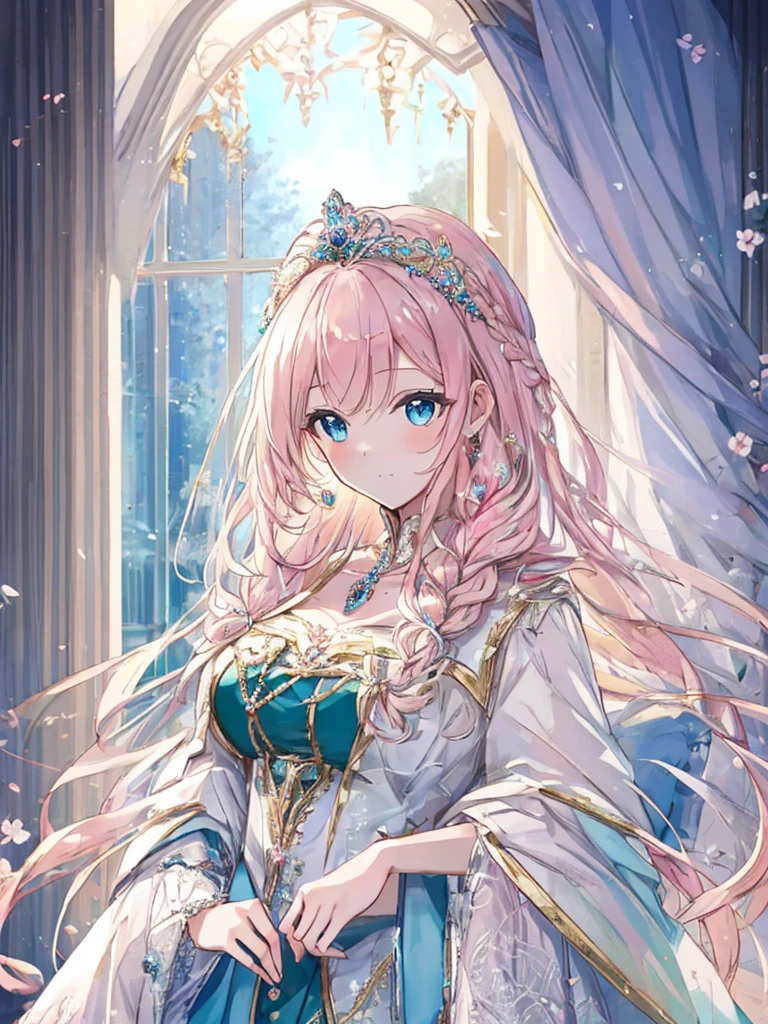 tmasterpiece，Highest high resolution，Beautiful bust of a royal lady，Delicate pink braided hair，Green clear eyes，The hair is covered with beautiful and delicate floral craftsmanship, Crystal jewelry filigree，Ultra-detailed details，upscaled。Soft lighting