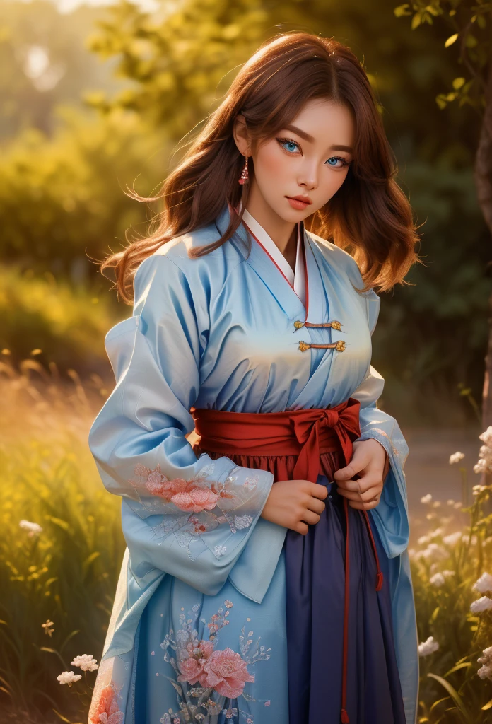 (finely detailed beautiful eyes and detailed face, masterpiece sidelighting, masterpiece, best quality, detailed, High resolution 8k stock photos),, (1 woman, whole body, pretty girl, glowing skin, looking down, looking at viewer),, (Brown hair, blue eyes), (red korean clothes_Very detailed and delicate description, Summer Hanbok), (dressed up_Underbust:1.2),