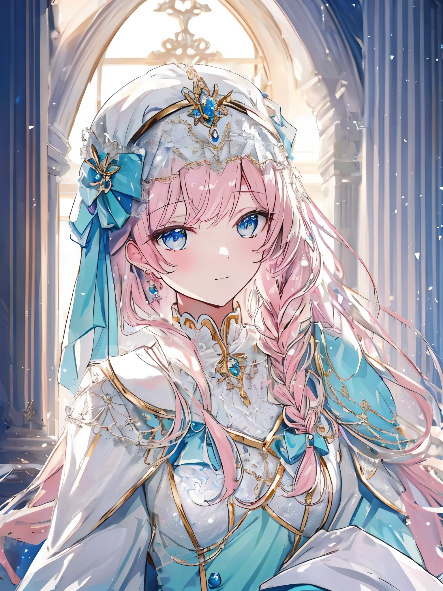 tmasterpiece，Highest high resolution，Beautiful bust of a royal lady，Delicate pink braided hair，Green clear eyes，The hair is covered with beautiful and delicate floral craftsmanship, Crystal jewelry filigree，Ultra-detailed details，upscaled。Soft lighting